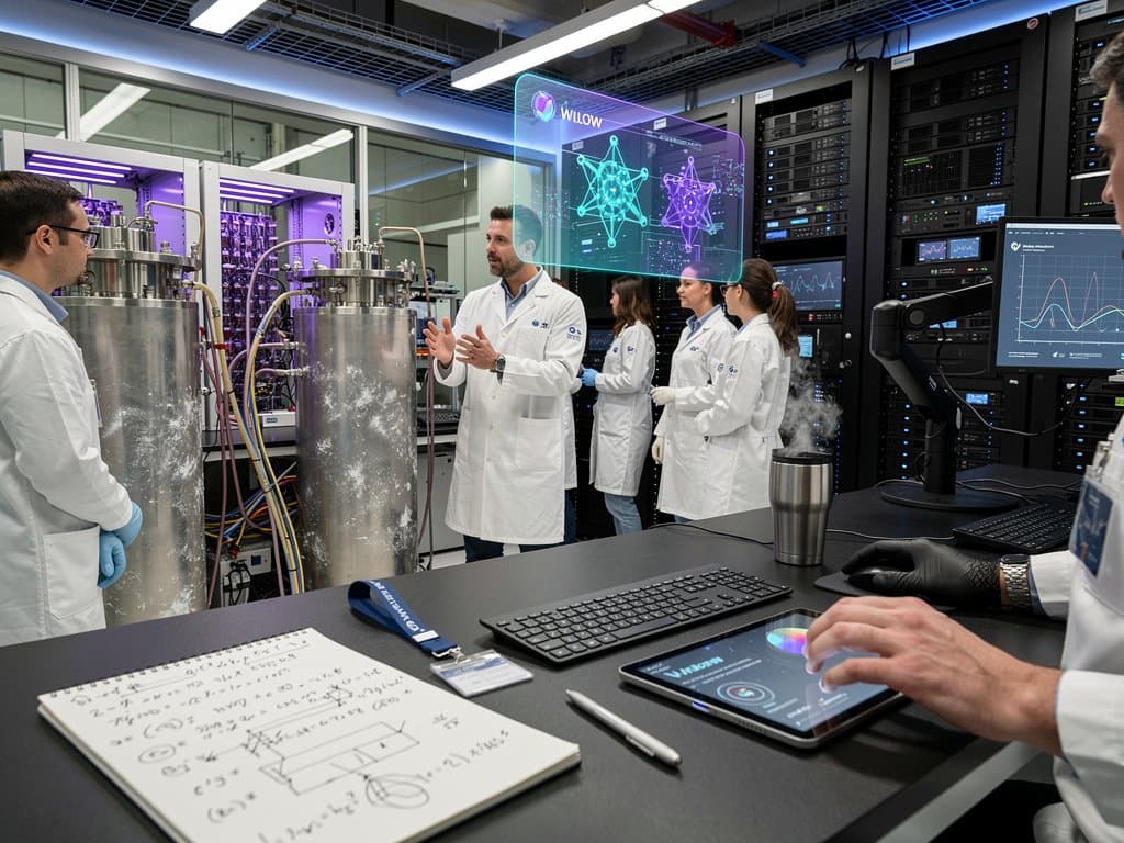 Laboratorio cuántico con qubits simulados, criostatos y diagramas de chips Google en entorno high-tech