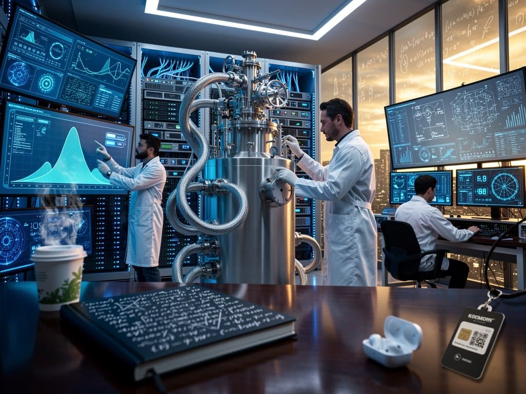 Laboratorio cuántico de Google con chip Willow, gráficos de qubits y equipos criogénicos iluminados en azul