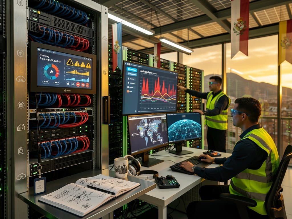 Técnicos en data center Pamplona revisan servidores Cloudflare con dashboards anti-phishing y mapas amenazas bajo luces LED