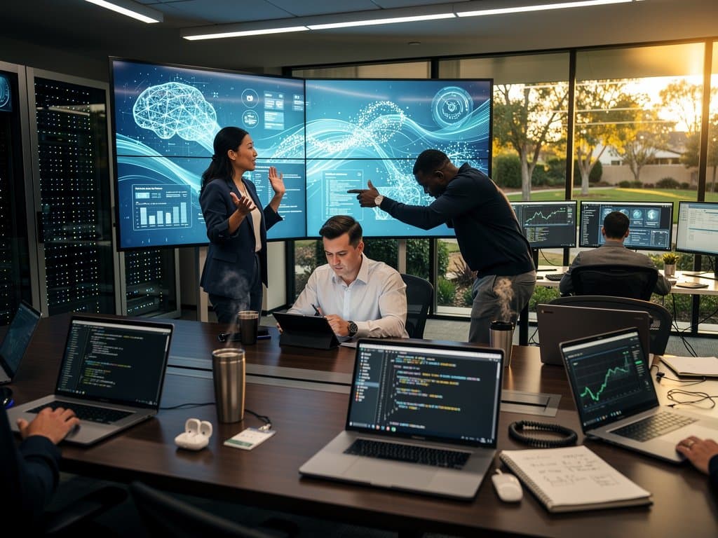 Profesionales en centro IA californiano discuten regulaciones ante pantallas de datos y servidores modernos