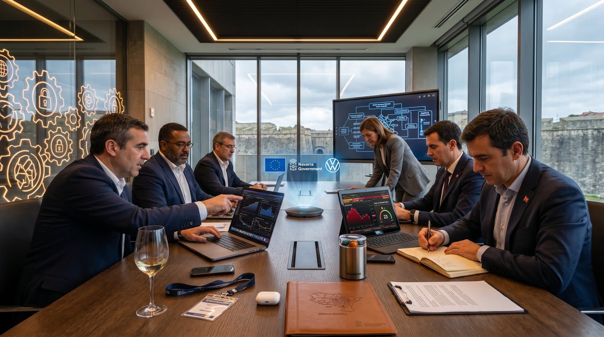 Expertos en Pamplona analizan panel ético IA California, Fear & Greed 23 y BTC con vistas Ciudadela y logos forales