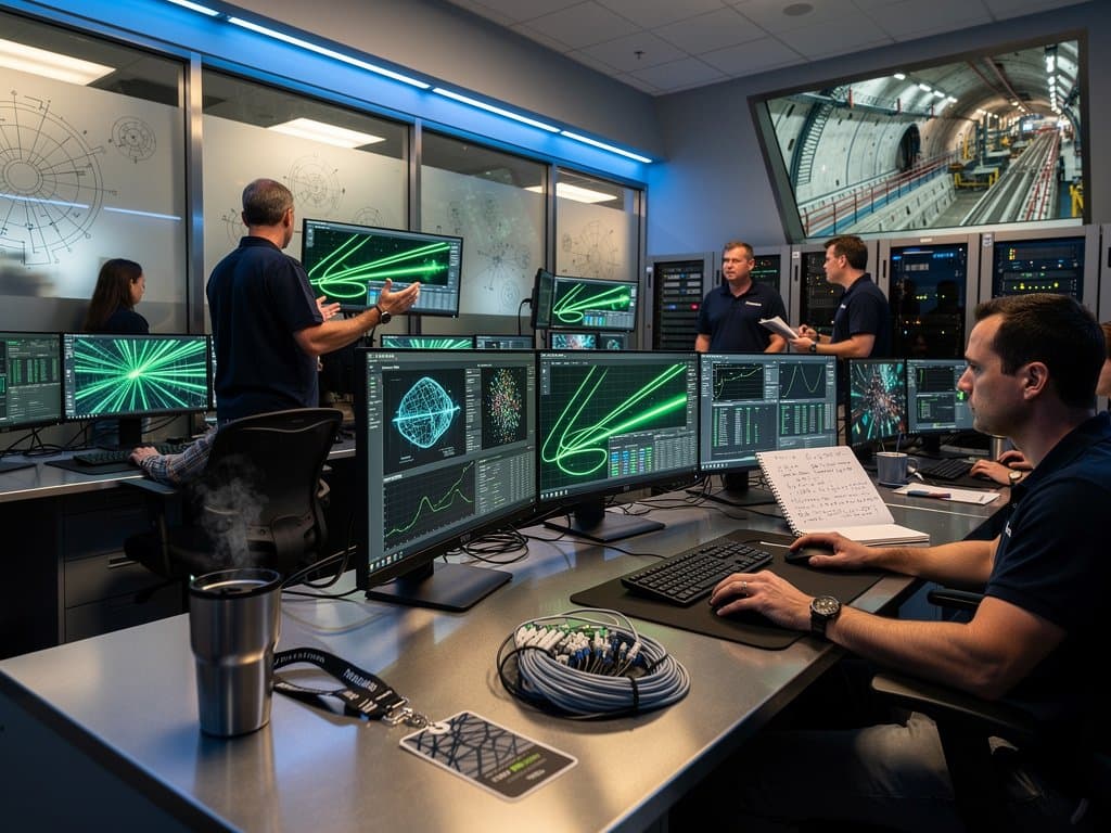 Sala control Fermilab con visualizaciones IA de aceleradores partículas en monitores high-tech