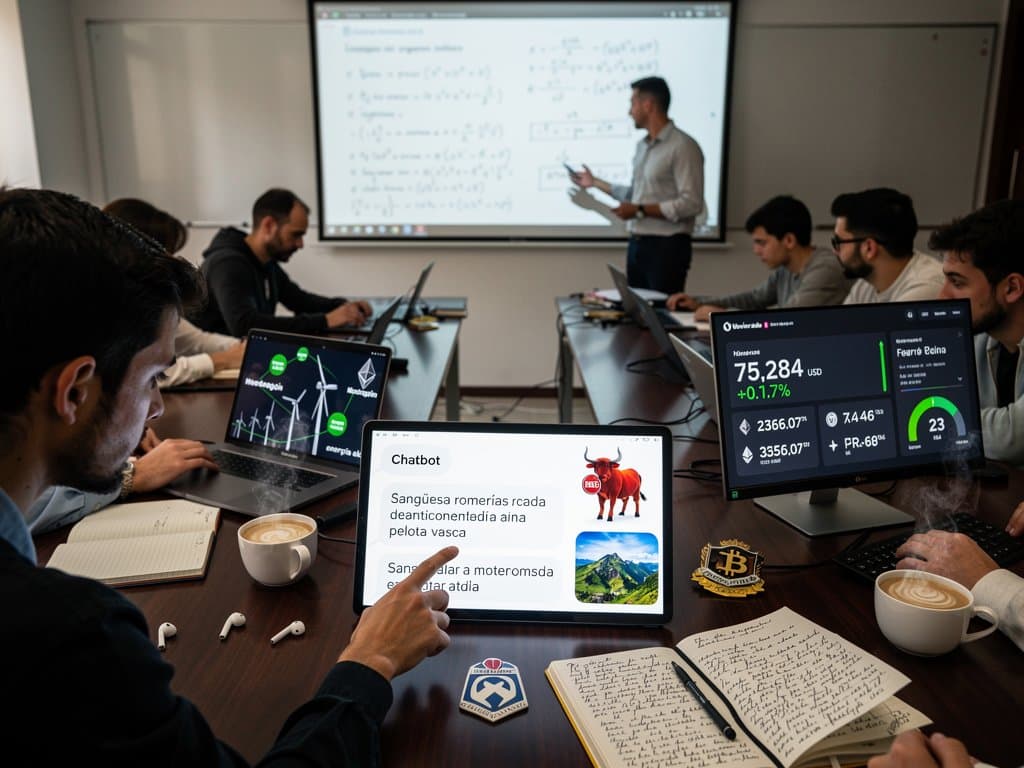 Estudiantes en aula UNAV Pamplona usan IA generativa para cultura navarra y simulaciones BTC con vistas forales