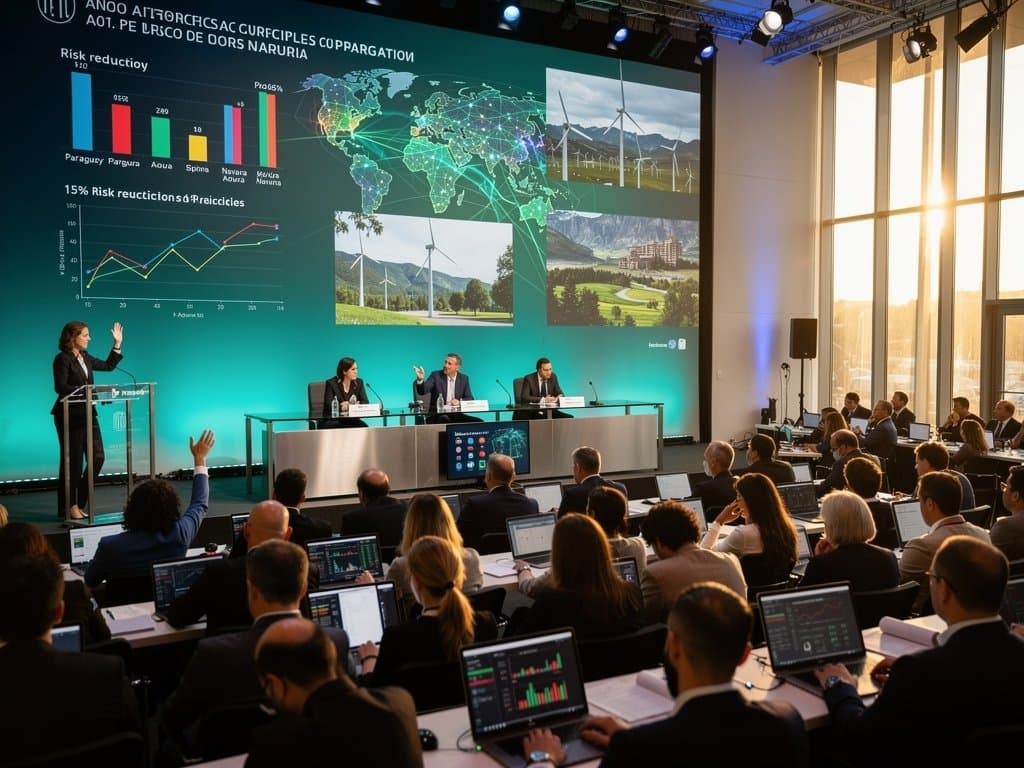 Auditorio UNESCO París discutiendo IA ética con panel, mesas tech y proyecciones banderas Paraguay Navarra