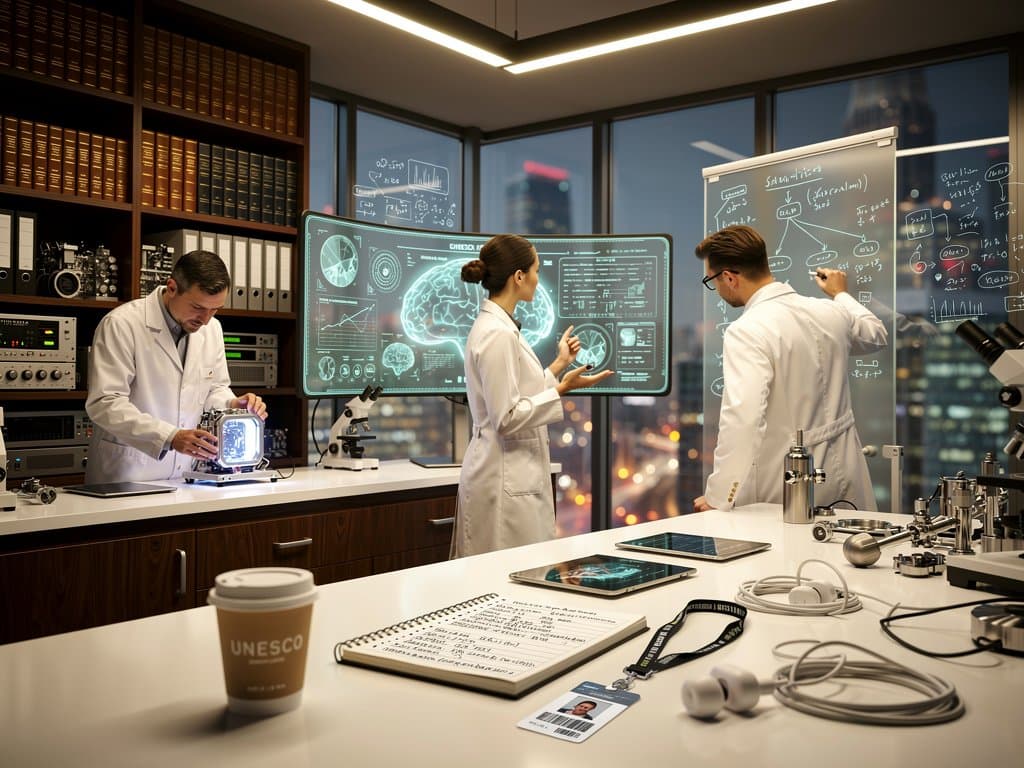 Laboratorio high-tech con visuales de ética IA UNESCO y regulaciones regionales en Navarra