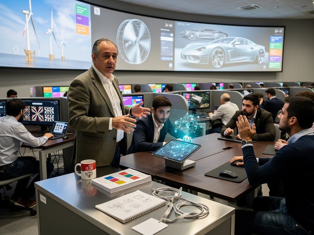Aula Universidad de Navarra con demo IA generativa: simulaciones renovables, diseños automovilísticos y estudiantes colaborando en Pamplona