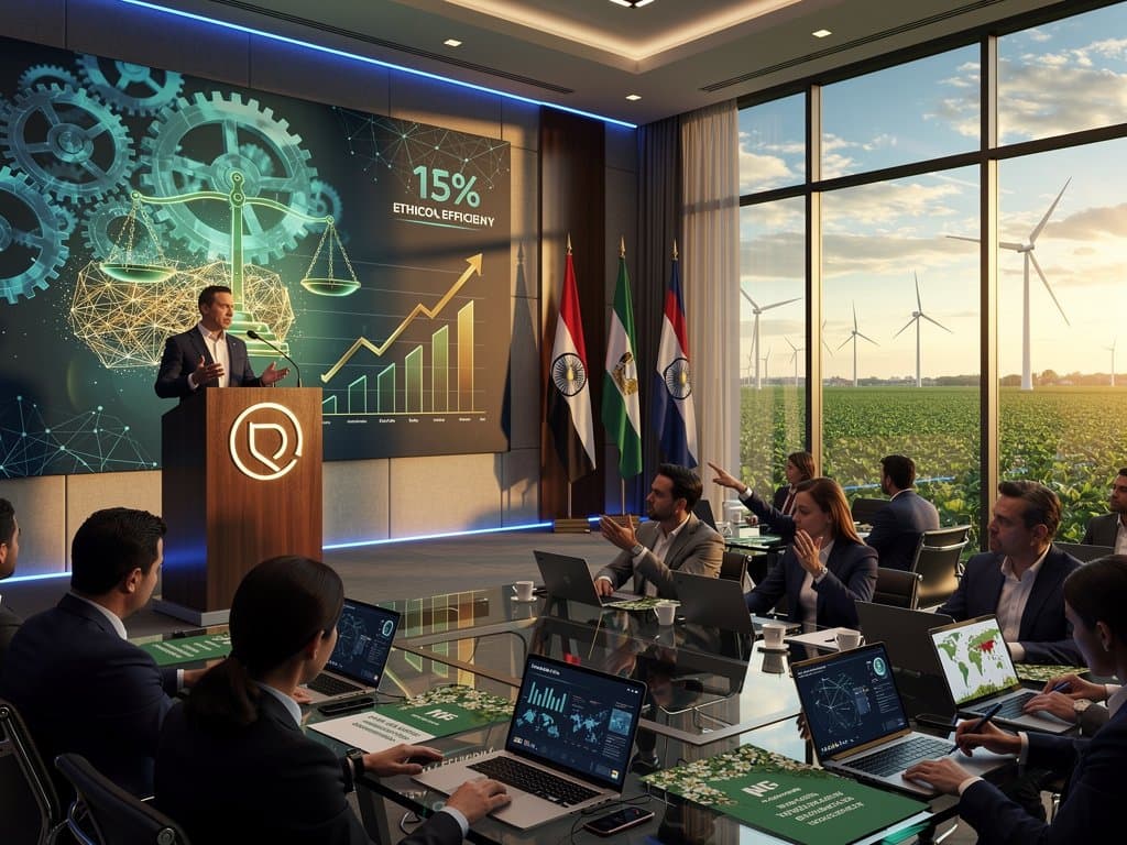 Sala conferencias UNESCO Asunción con gráficos IA ética, laptops y documentos Navarra tech, vistas renovables y banderas regionales