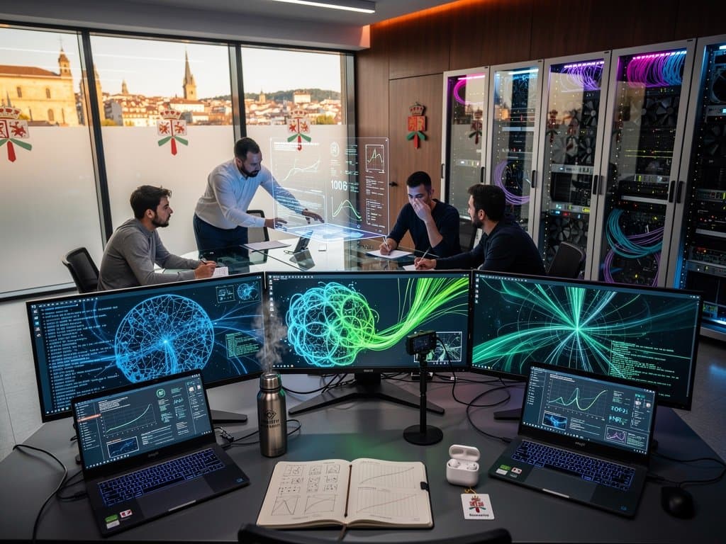 Centro de entrenamiento IA con pantallas de redes neuronales, servidores y visuales tech en oficina pública moderna navarra