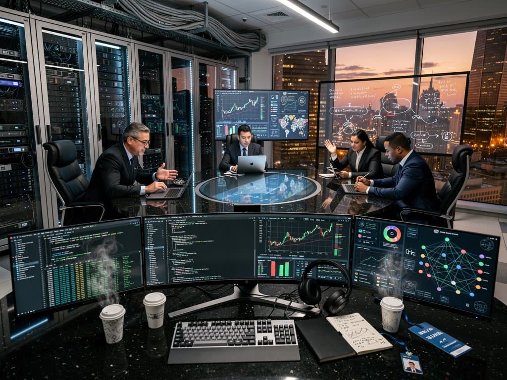 Ejecutivos analizan dashboards IA financiera con gráficos crypto en hub tech moderno