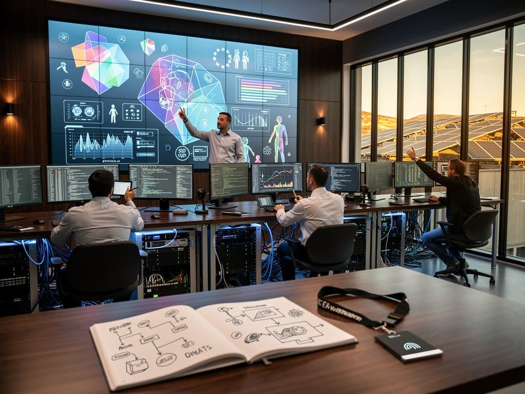 Laboratorio high-tech con gráficos avances éticos IA, servidores y diagramas transparencia en entorno industrial Navarra sostenible