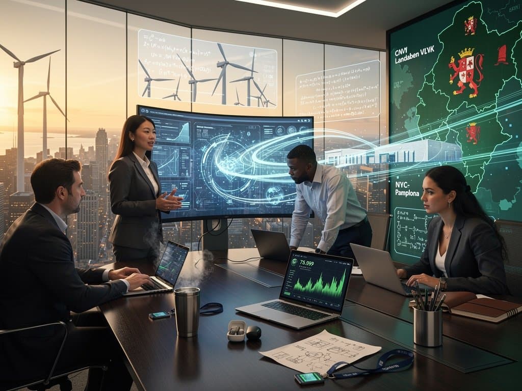 Empleados públicos en oficina NY aprenden IA con gráficos cripto y mapa Navarra high-tech