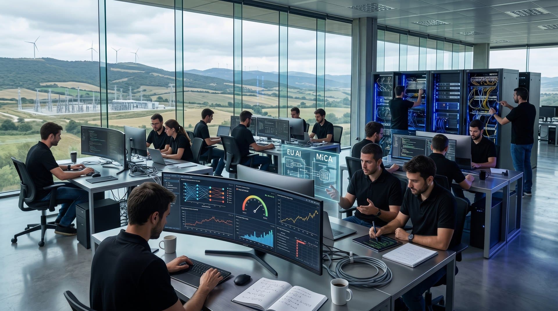 Laboratorio IA en Pamplona con pantallas de redes neuronales, servidores NVIDIA y vistas a eólicos navarros
