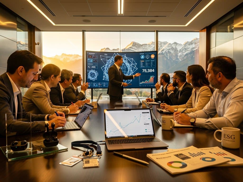 Investigadores en Parque Científico Pamplona debaten avances éticos IA Paraguay con gráficos BTC blockchain