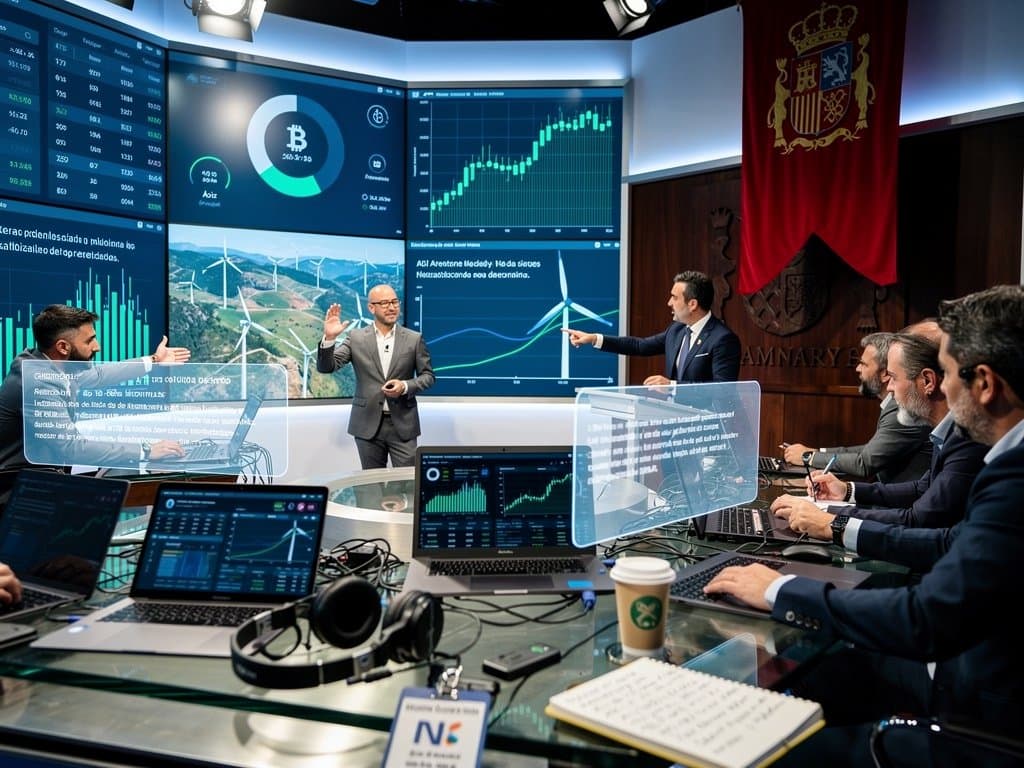 Estudio TV Pamplona con pantallas IA mostrando Fear & Greed y BTC, bandera Navarra y graficos renovables