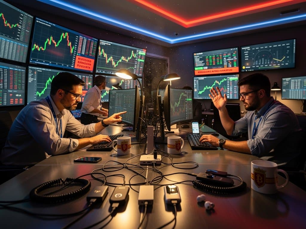 Sala trading Pamplona con gráficos BTC 77.305 USD, ETH 2.435 USD, Fear Index 21; alertas wallets secuestros criptomonedas Francia-Navarra