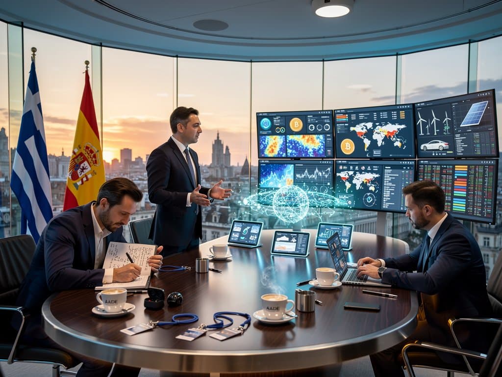 Dashboards IA auditorías fiscales en sala UE con mapas calor y datos crypto, enfoque en innovación reguladora Grecia-Navarra