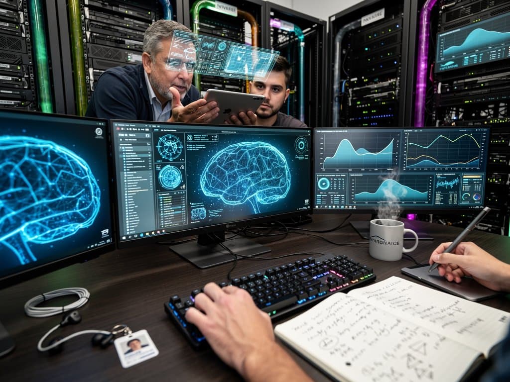 Escena high-tech IA: monitores redes neuronales, servidores NVIDIA y métricas en hub innovación navarro