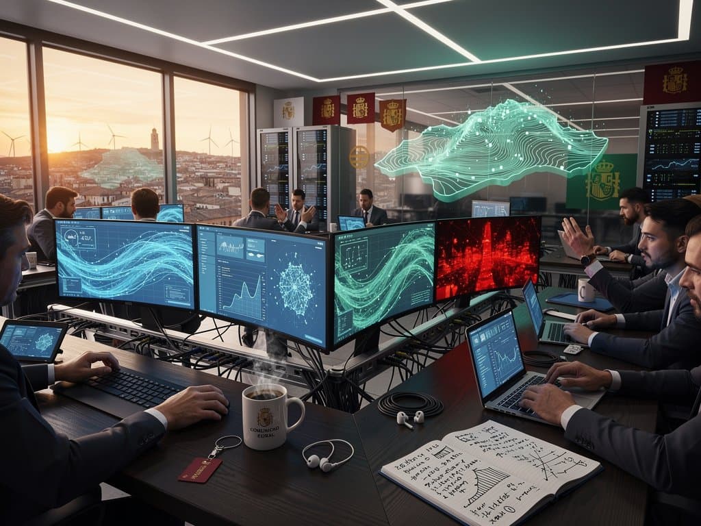 Centro high-tech con dashboards IA fiscales auditorías IA Grecia, tonos azul verde, gráficos datos Navarra UE