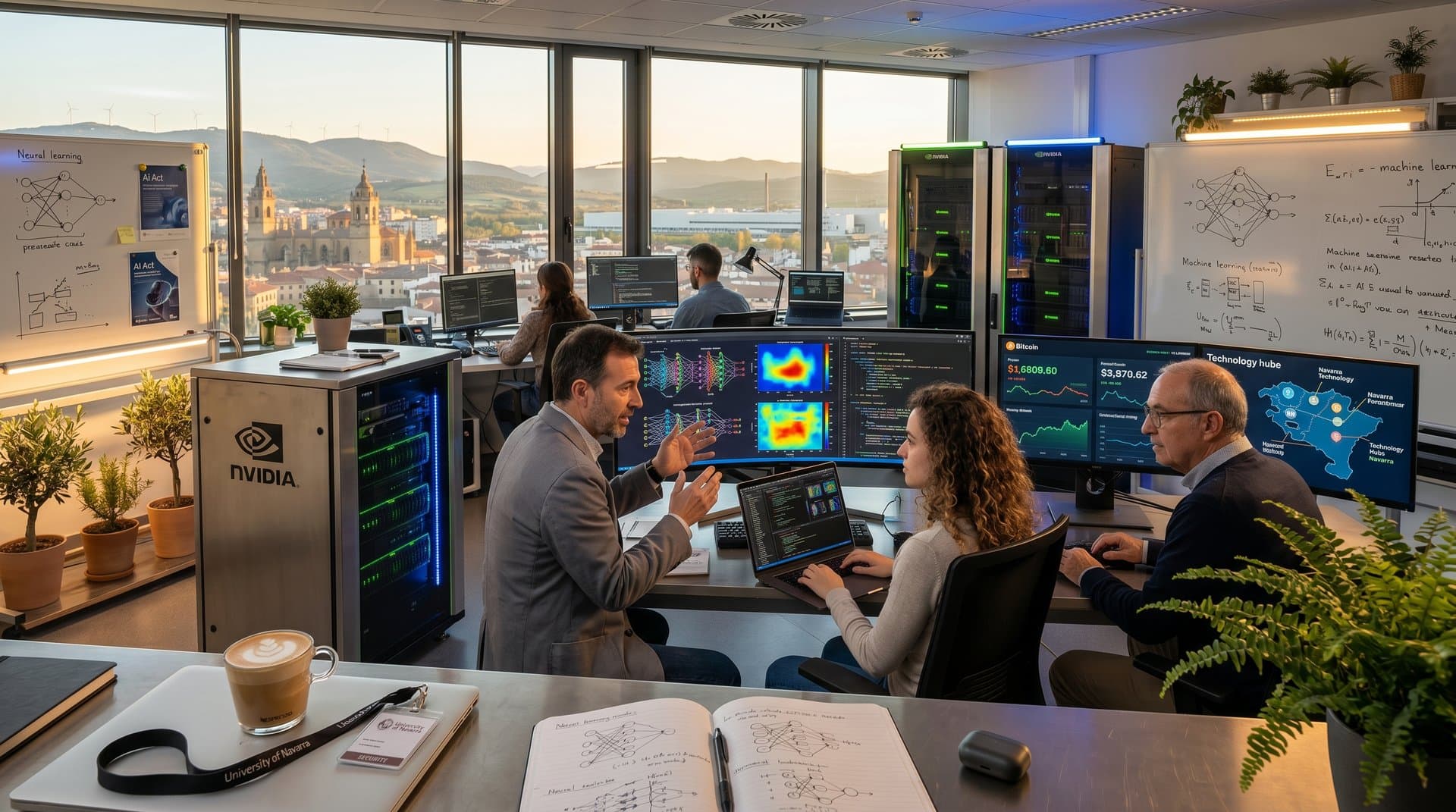Laboratorio IA Universidad de Navarra: monitores redes neuronales, servidores LED, vistas Pamplona high-tech