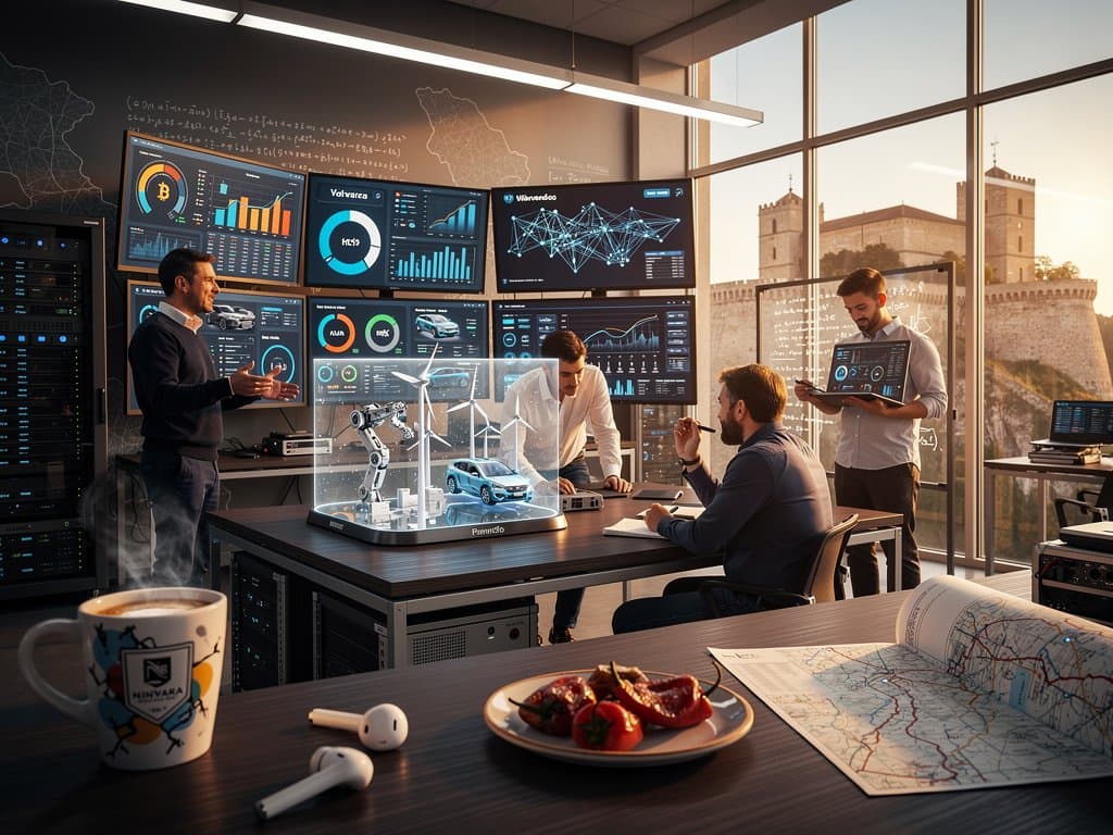 Laboratorio IA en Pamplona con gráficos crypto Fear 21, BTC 77.144 USD y redes neuronales