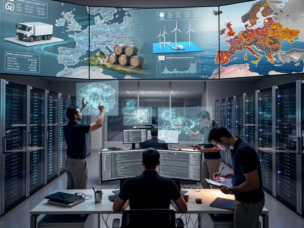 Data center fiscal griego con visualizaciones IA de auditorías 2026 y flujos comerciales navarros