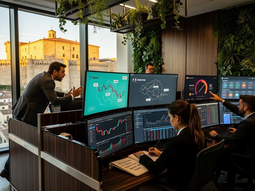Sala trading Pamplona con gráficos cripto BTC ETH Fear Greed, alertas Ponzi y mapas Navarra