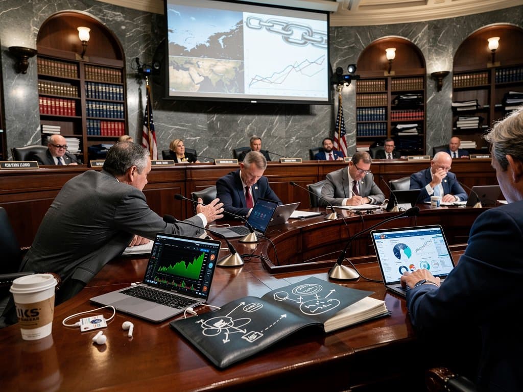 Sala abstracta del Senado con escritorios, laptops y gráficos crypto bajo luces LED en el Capitolio.