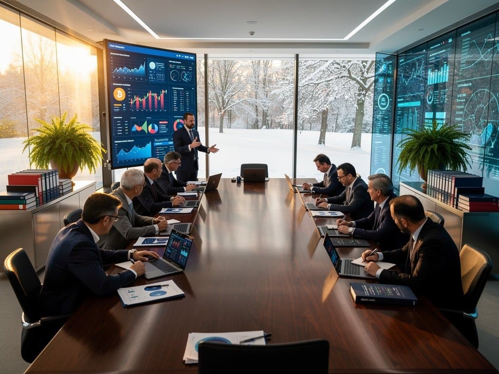 Sala de reuniones en Casa Blanca con elementos tech, gráficos IA y crypto en negociación regulatoria