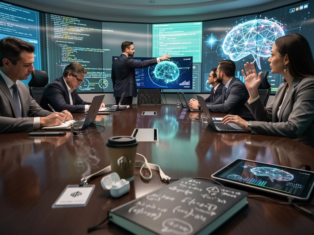 Sala high-tech con pantallas IA y gráficos tech abstractos representando reunión sobre regulación