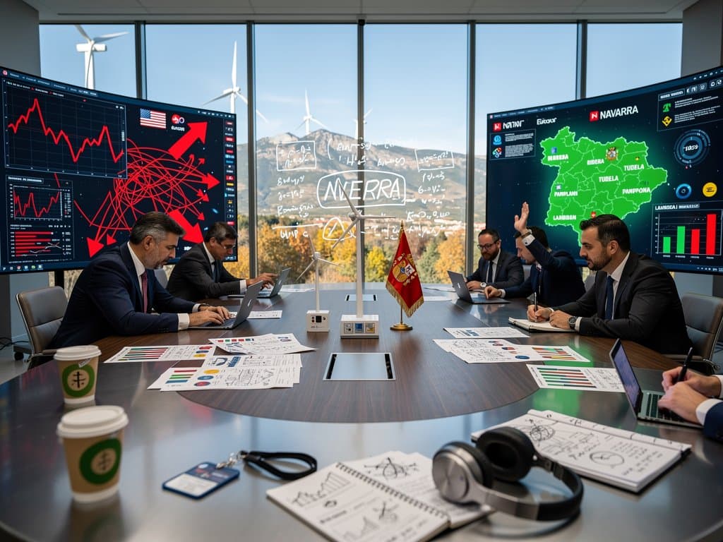 Analistas navarros revisan gráficos cripto Ponzi Orlando y mapas forales en hub tecnológico Pamplona con elementos MiCA y renovables