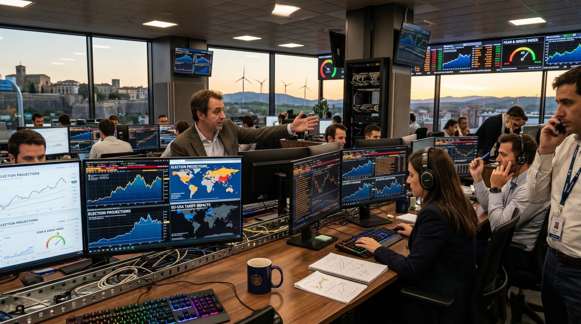 Sala trading con gráficos Bitcoin, midterms 2026 y mapas aranceles impactando Navarra