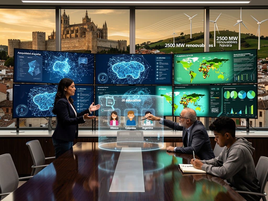 Laboratorio IA educativa abstracto con dashboards 33 países LAC, elementos bilingües Navarra y redes neuronales inclusivas