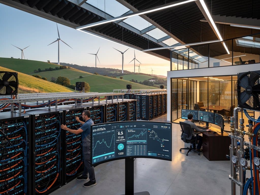 Data center navarro con servidores cripto, monitores de Bitcoin a 77.003 USD y métricas renovables