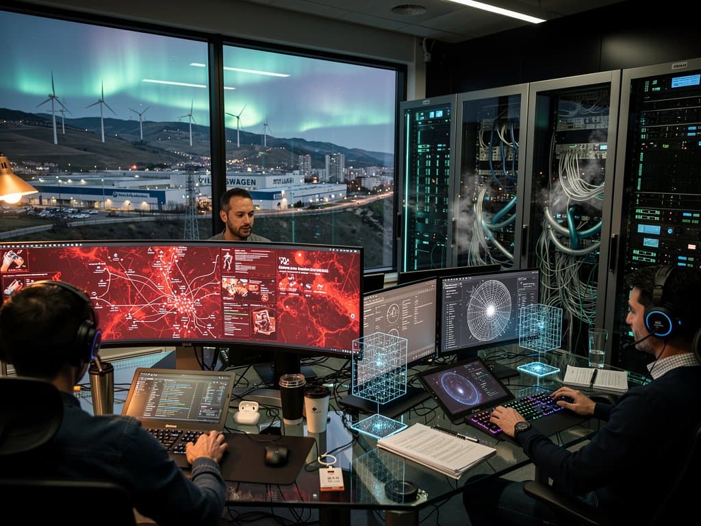 Centro ciberseguridad vasco-navarro con pantallas amenazas IA y código detección en ambiente profesional