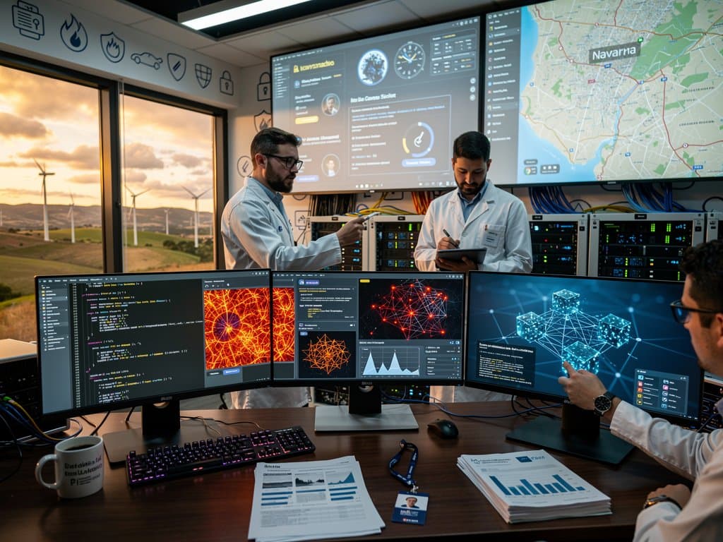 Laboratorio IA segura en Pamplona con ingenieros revisando modelos en monitores curvos, proyecciones holográficas y servidores con vistas a renovables navarras