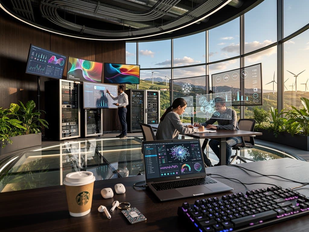 Hub tecnológico en Pamplona con ingenieros trabajando en IA para renovables y automoción, vistas a Pirineos y turbinas eólicas