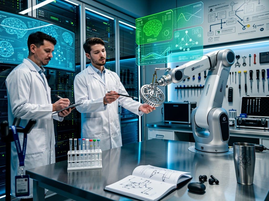 Laboratorio medtech con brazo robótico, overlays AI e implantes precisos en ambiente high-tech navarro