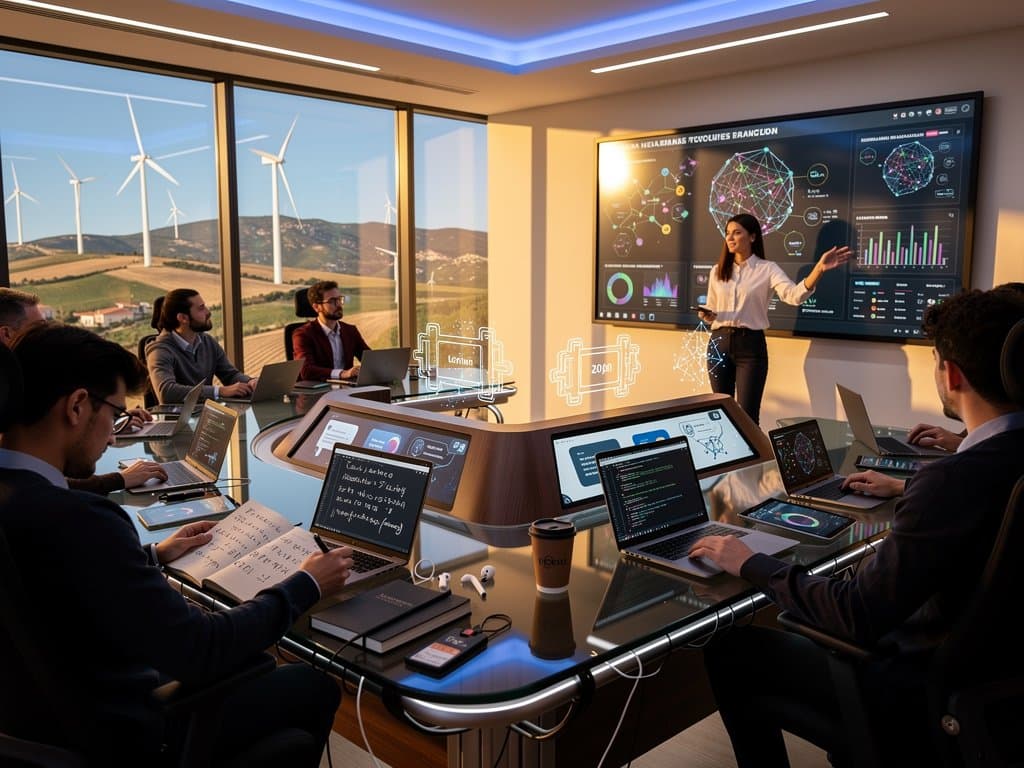 Aula inteligente con IA educativa y vistas a renovables navarras en clúster tech