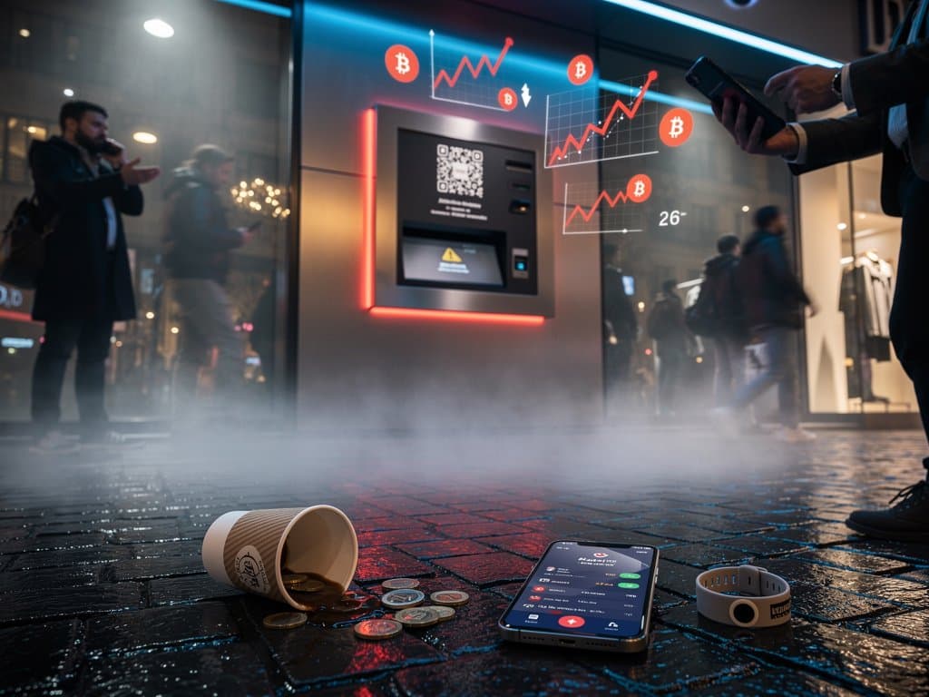Cajero crypto en Pamplona con alertas de estafas y gráficos BTC rojos bajo luces nocturnas forales