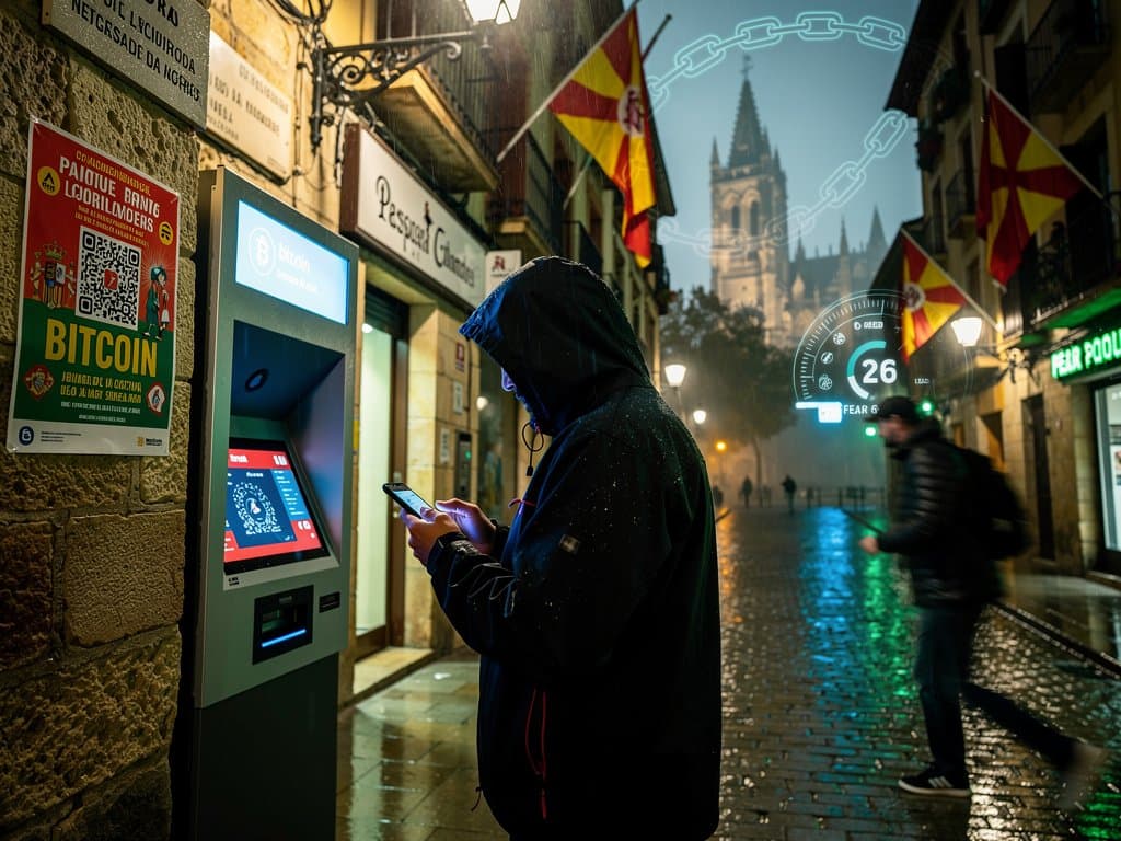 Cajero crypto en Pamplona con alerta de estafa, gráficos BTC y banderas forales