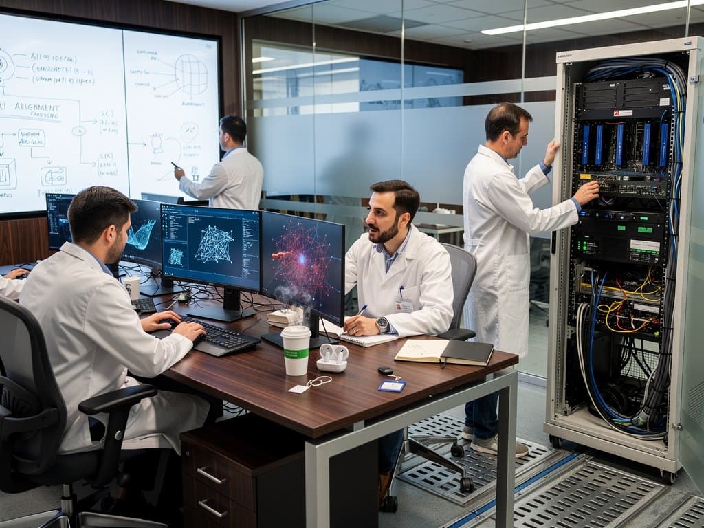 Laboratorio IA Universidad de Navarra con monitores redes neuronales, servidores NVIDIA y diagramas alineación abstractos