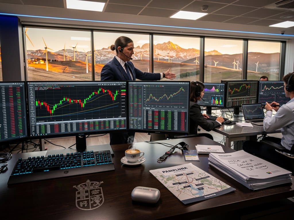 Gráficos cripto BTC y ETH en monitores con datos MEXC en entorno high-tech navarro con vistas pirenaicas