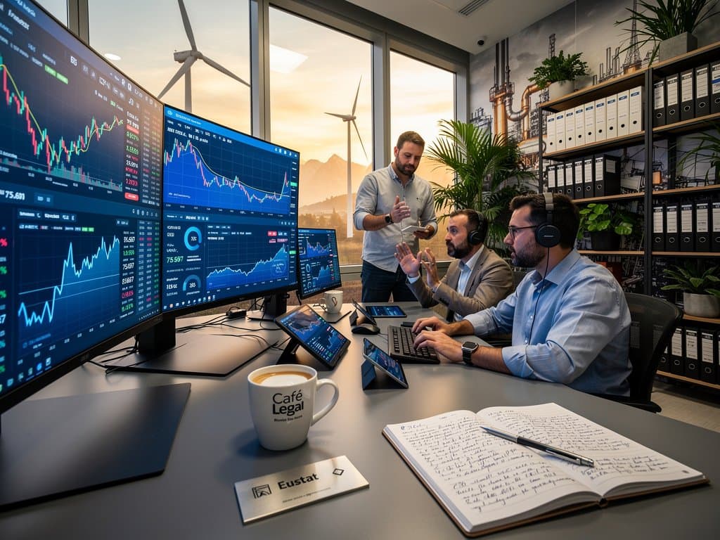 Analistas navarros en sala trading Pamplona revisan regulaciones cripto Rusia con vistas eólicas