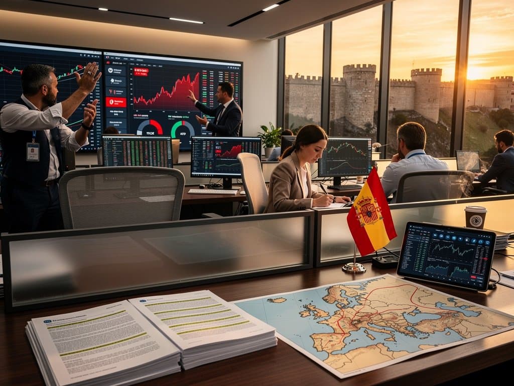 Reguladores navarros analizan gráficos cripto BTC 75830 USD y MiCA en sala trading Pamplona con bandera foral