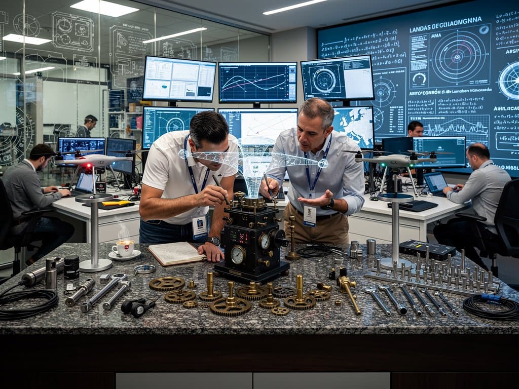 Laboratorio de ingeniería en Pamplona con modelo de rastreador estelar B-52, diagramas 3D y componentes electromecánicos precisos