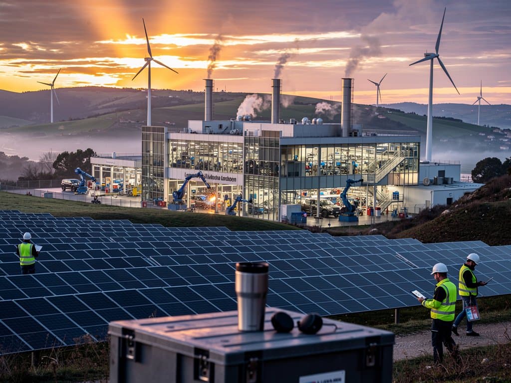 Fábrica VW Landaben con overlay IA, blockchain y eólicos navarros simbolizando límites IA en decisiones regulatorios