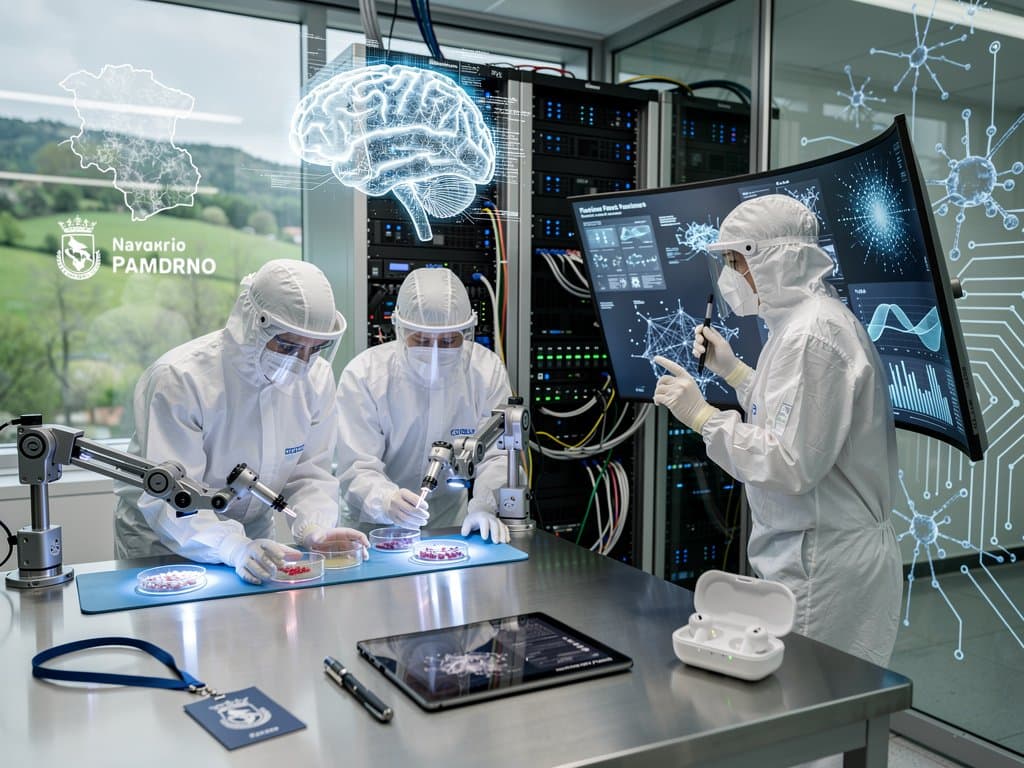 Cleanroom medtech IA en Pamplona: holograma cerebral, ingenieros en monitores y servidores al fondo