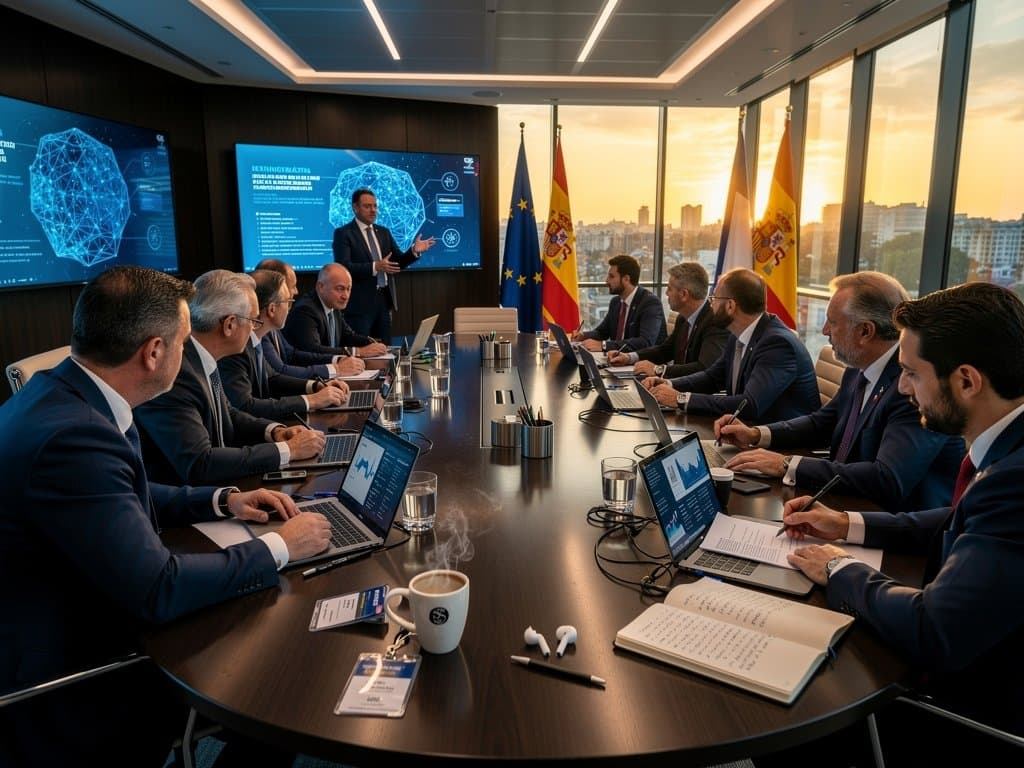 Sala de conferencias Bruselas con pantallas AI Act, gráficos neuronales y elementos lobbying sobre mesa madera oscura