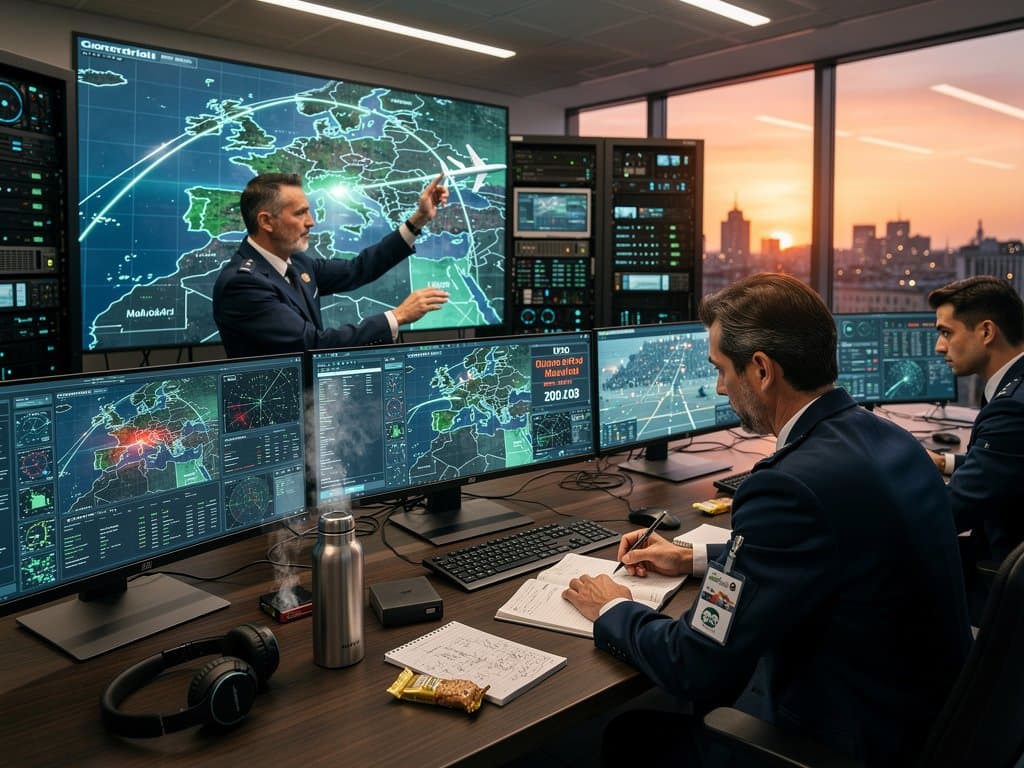 Controladores en centro Eurocontrol con consolas IA, mapas aéreos en pantallas curvas y equipo colaborando bajo iluminación LED moderna