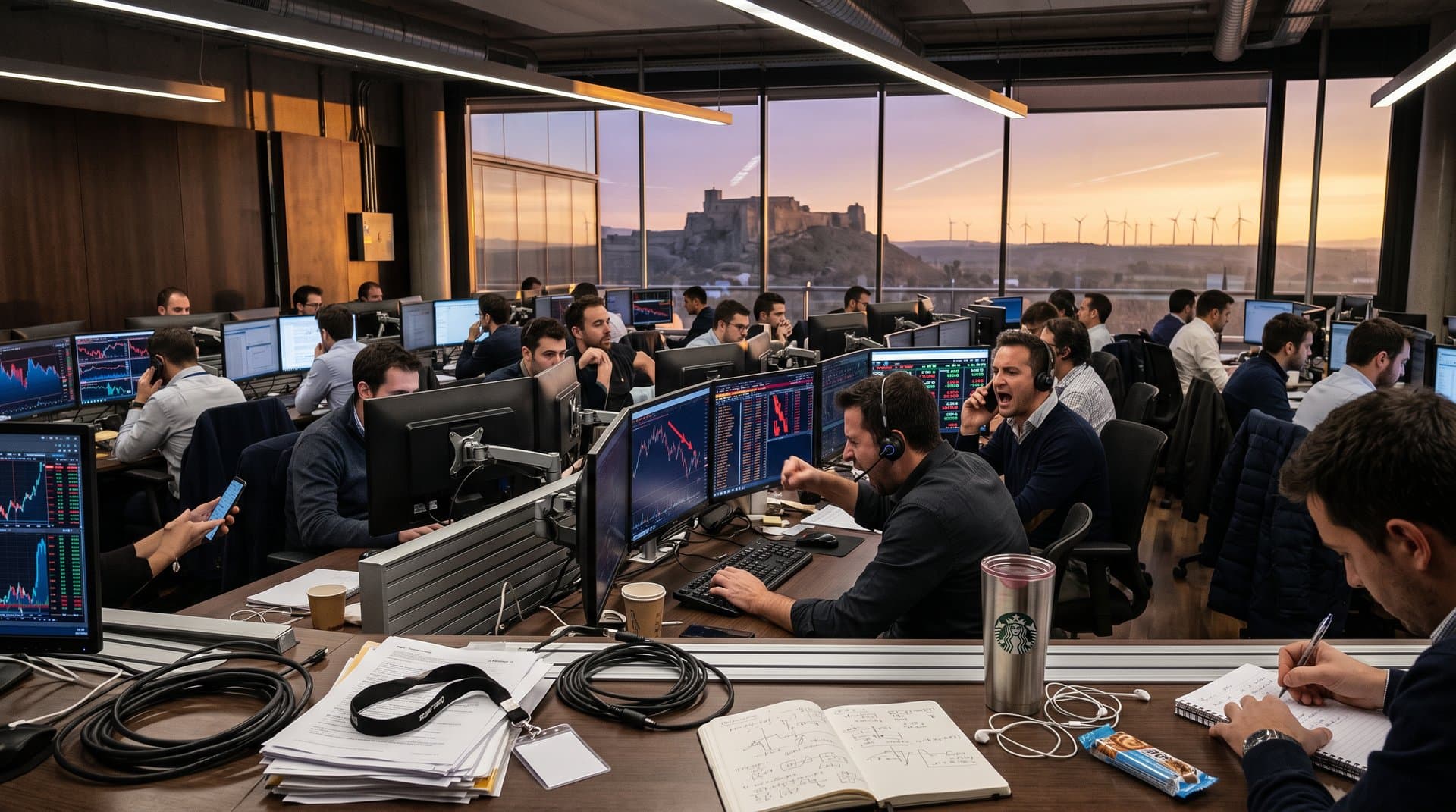 Sala trading Pamplona con gráficos rojos FLOW y BTC, Fear & Greed 27 en monitores Bloomberg